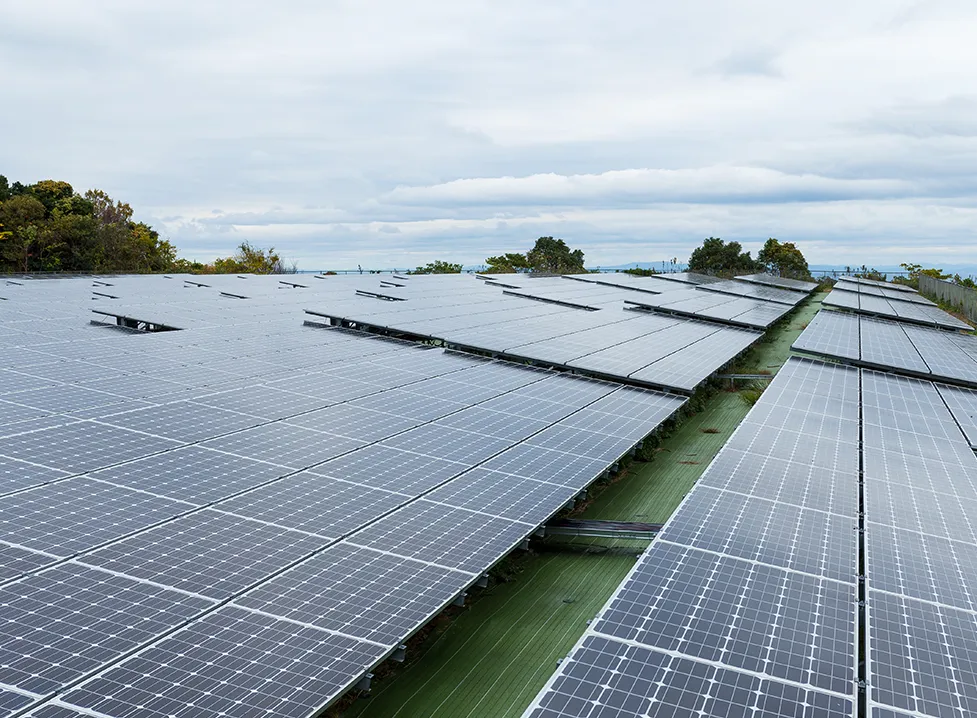 A row of rows of solar panels on a roof, a digital rendering by Hiromu Arakawa, pixiv, environmental art, creative commons attribution, playstation 5 screenshot, photo taken with nikon d750